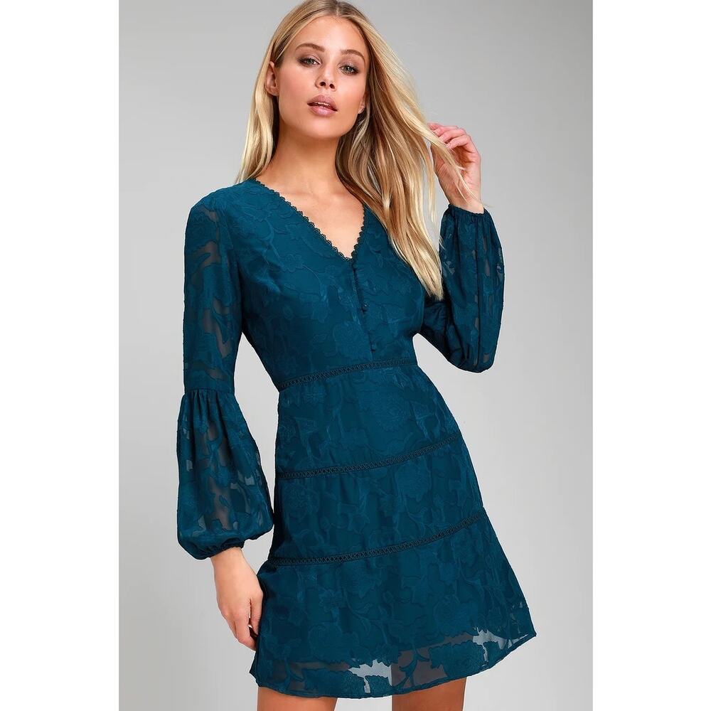 Lulus Sapphire Away Lace Burn Out Long Sleeve Dress Size XS Teal - Picture 9 of 9